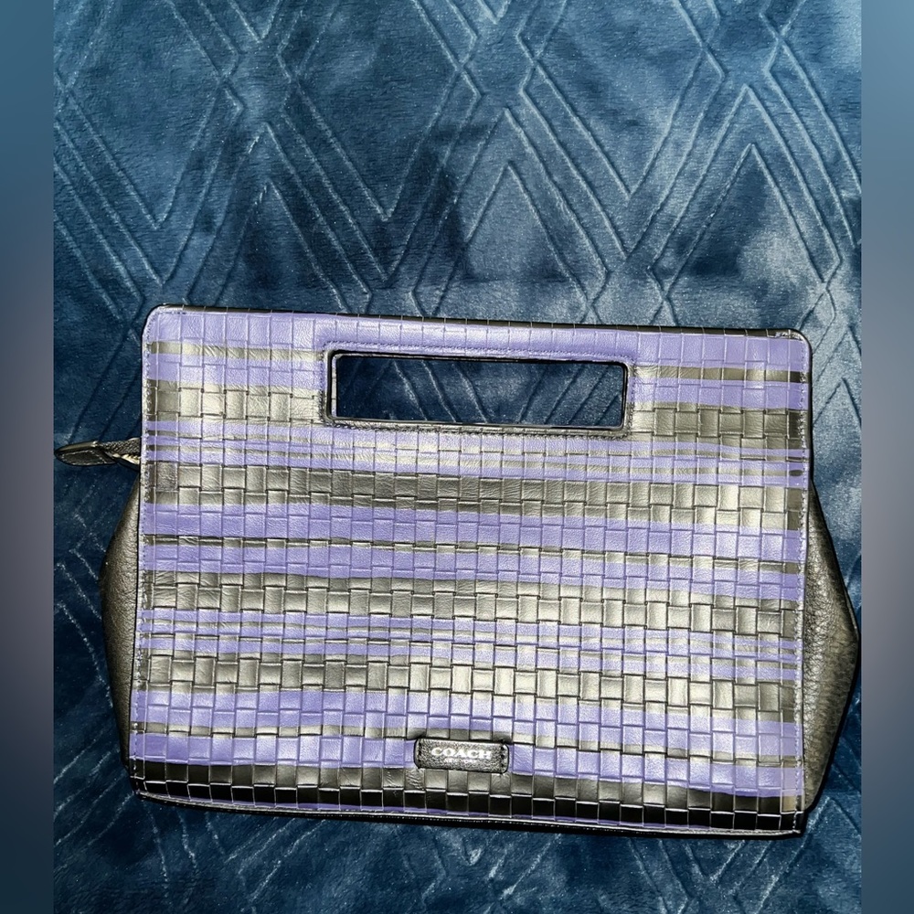Coach slim black and blue striped zip closure clutch